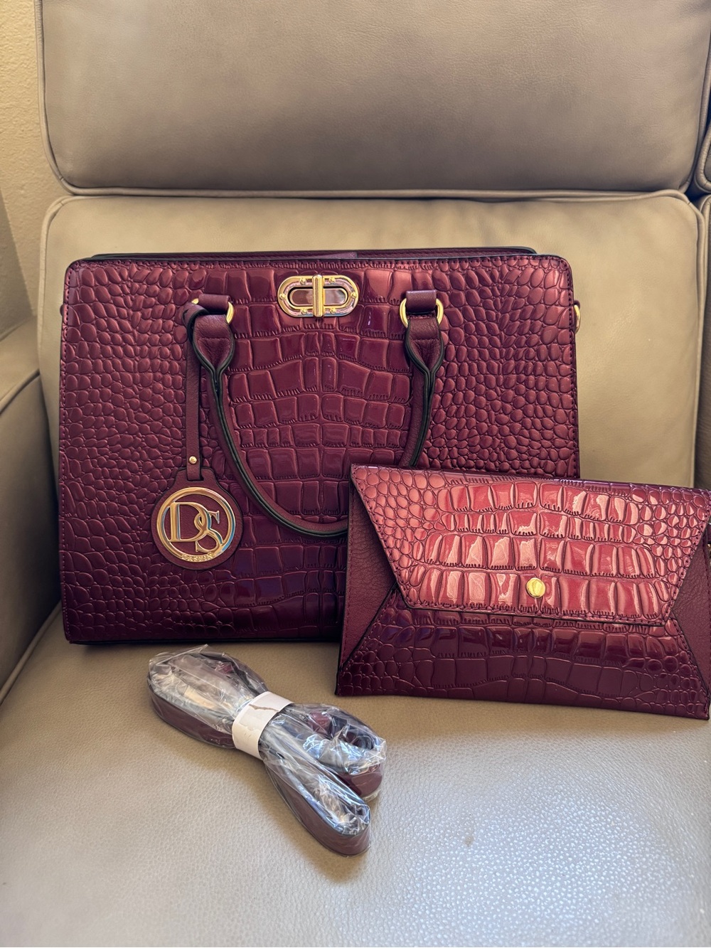 Burgundy Croc-Embossed Tote with Matching Envelope Clutch